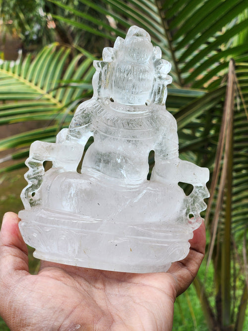 Lord Kuber statue in Clear Quartz Handmade Carving - Kubera Idol | Sculpture in Crystals and Gemstones - 5.5 inches and 810 gms (1.78 lb)