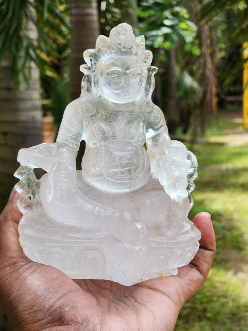 Lord Kuber statue in Clear Quartz Handmade Carving - Kubera Idol | Sculpture in Crystals and Gemstones - 5.5 inches and 810 gms (1.78 lb)