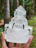 Lord Kuber statue in Clear Quartz Handmade Carving - Kubera Idol | Sculpture in Crystals and Gemstones - 5.5 inches and 810 gms (1.78 lb)