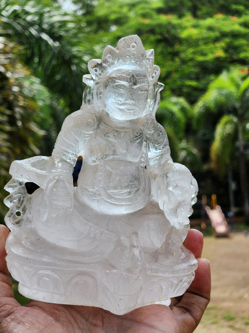 Lord Kuber statue in Clear Quartz Handmade Carving - Kubera Idol | Sculpture in Crystals and Gemstones - 5.5 inches and 810 gms (1.78 lb)