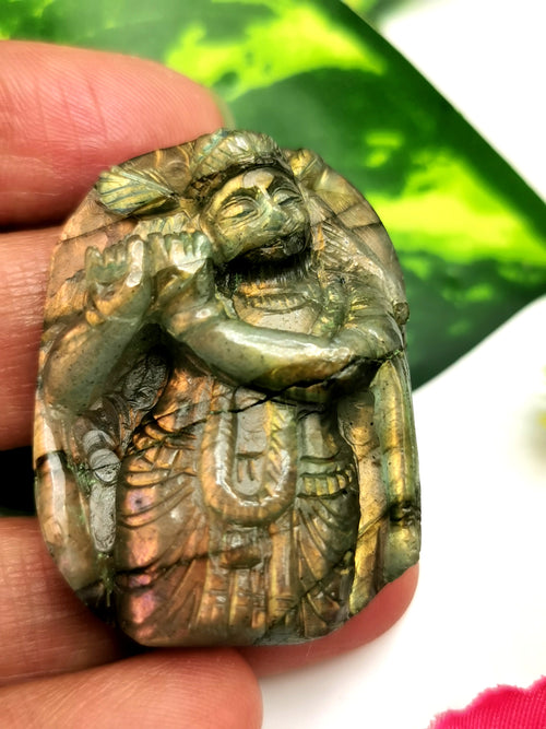 Labradorite Krishna Miniature Carving - Embracing Divine Protection | Lord Krishna Idol | Murti in Crystals - Reiki/Chakra - 1.5 inches and 16 gms