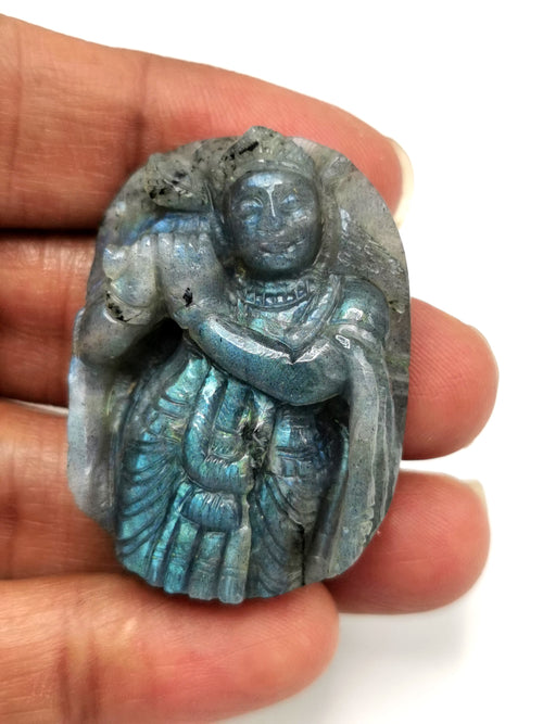 Labradorite Krishna Miniature Carving - Embracing Divine Protection | Lord Krishna Idol | Murti in Crystals - Reiki/Chakra - 1.5 inches and 16 gms