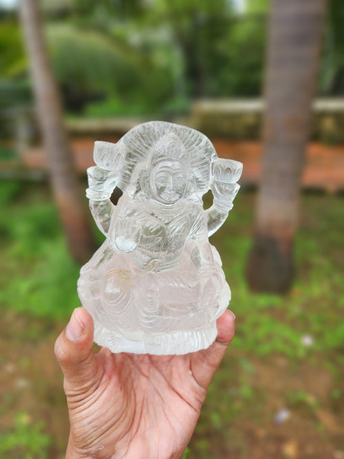 Goddess Laxmi Carving in Clear Quartz – A Divine Symbol of Abundance and Clarity - 4.5 inches and 695 gms (1.53 lb) - Gemstone/crystal carvings for home decor
