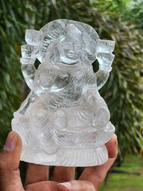 Goddess Laxmi Carving in Clear Quartz – A Divine Symbol of Abundance and Clarity - 4.5 inches and 695 gms (1.53 lb) - Gemstone/crystal carvings for home decor