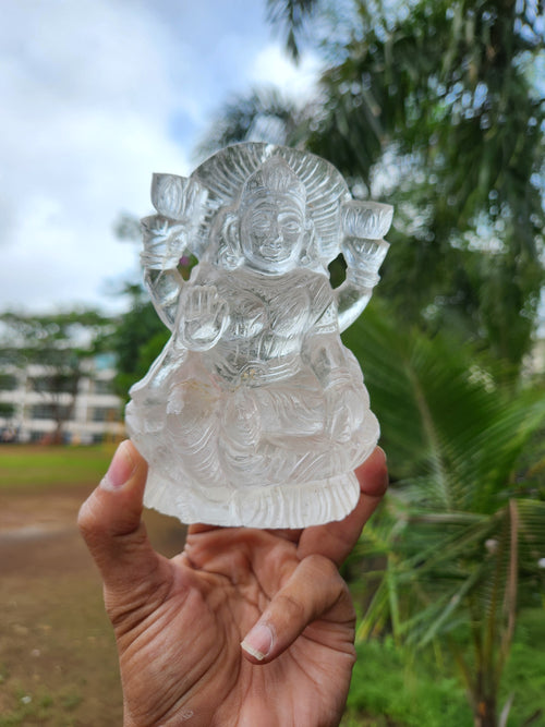 Goddess Laxmi Carving in Clear Quartz – A Divine Symbol of Abundance and Clarity - 4.5 inches and 695 gms (1.53 lb) - Gemstone/crystal carvings for home decor