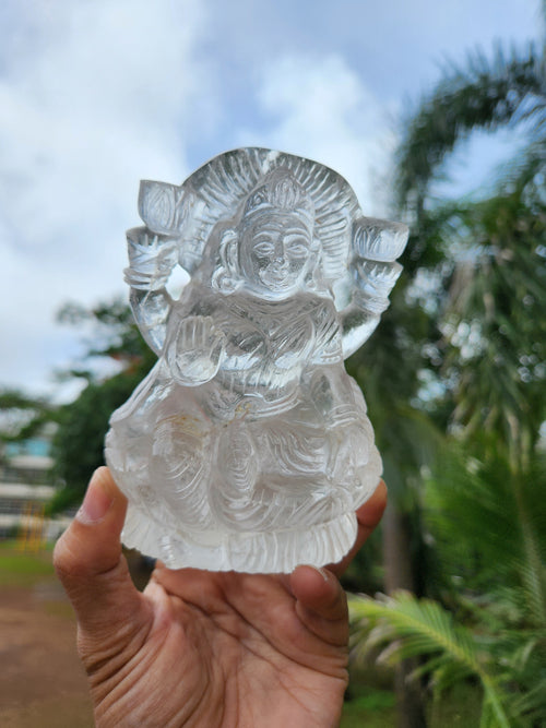 Goddess Laxmi Carving in Clear Quartz – A Divine Symbol of Abundance and Clarity - 4.5 inches and 695 gms (1.53 lb) - Gemstone/crystal carvings for home decor