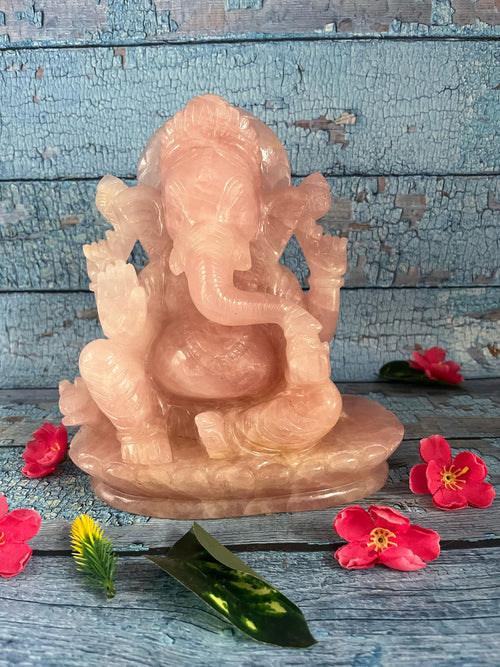 Large Rose Quartz Gemstone Ganesh Carving Handmade - Lord Ganesha Idol |Sculpture in Crystals and Gemstones -Reiki/Chakra - 8.5 inch and 4.43 kgs