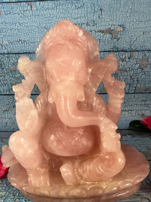 Large Rose Quartz Gemstone Ganesh Carving Handmade - Lord Ganesha Idol |Sculpture in Crystals and Gemstones -Reiki/Chakra - 8.5 inch and 4.43 kgs