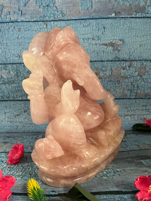 Large Rose Quartz Gemstone Ganesh Carving Handmade - Lord Ganesha Idol |Sculpture in Crystals and Gemstones -Reiki/Chakra - 8.5 inch and 4.43 kgs