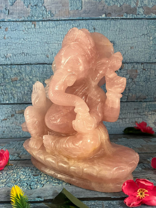Large Rose Quartz Gemstone Ganesh Carving Handmade - Lord Ganesha Idol |Sculpture in Crystals and Gemstones -Reiki/Chakra - 8.5 inch and 4.43 kgs