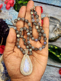 Labradorite Bead Mala Necklace with Rainbow Moonstone Pendant - Embrace the Mystical Union of Beauty and Serenity