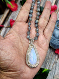 Labradorite Bead Mala Necklace with Rainbow Moonstone Pendant - Embrace the Mystical Union of Beauty and Serenity