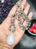 Labradorite Bead Mala Necklace with Rainbow Moonstone Pendant - Embrace the Mystical Union of Beauty and Serenity