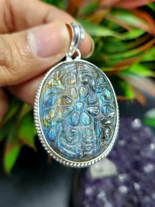 Labradorite Floral Carving Pendant: A Mystical Blend of Nature’s Beauty and Spiritual Protection | Weight 16 gms