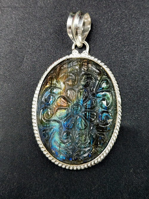 Labradorite Floral Carving Pendant: A Mystical Blend of Nature’s Beauty and Spiritual Protection | Weight 16 gms