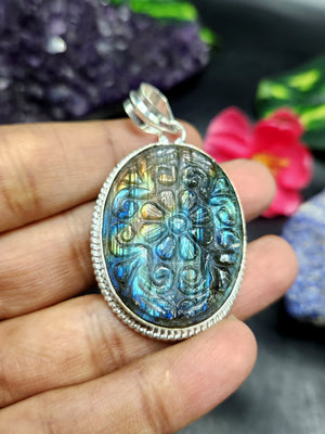 Labradorite Floral Carving Pendant: A Mystical Blend of Nature’s Beauty and Spiritual Protection | Weight 16 gms