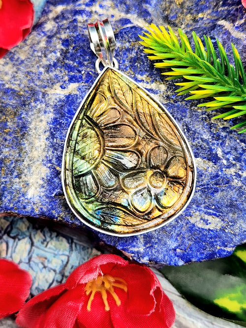 Labradorite Floral Carving Pendant – A Perfect Blend of Beauty, Transformation, and Protection