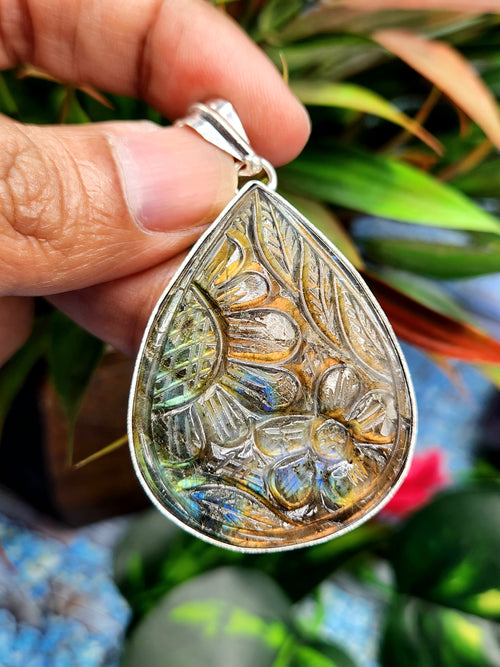 Labradorite Floral Carving Pendant – A Perfect Blend of Beauty, Transformation, and Protection