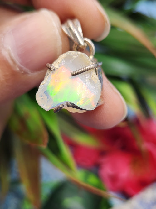 Ethiopian Opal Rough Single Stone Pendant in Silver - A Radiant Gemstone Treasure