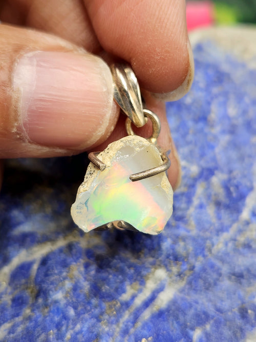Ethiopian Opal Rough Single Stone Pendant in Silver - A Radiant Gemstone Treasure