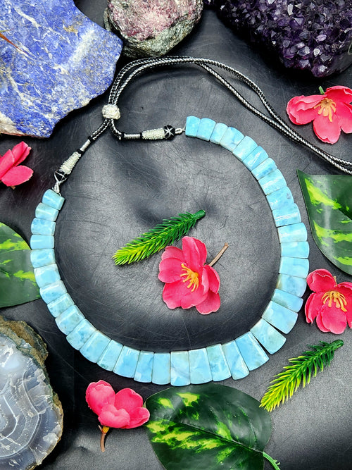 Larimar Cab Stone Necklace with Sarafa -  Dive into Tranquility and Elegance - Gemstone jewelry
