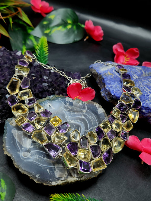 Citrine and Amethyst Faceted Stone Necklace - A Harmonious Fusion of Elegance and Energy - 521 carats