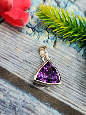 Amethyst Trillion Cut Pendant in 925 Silver with Rhodium Plating: A Radiant Symbol of Spiritual Balance and Elegance