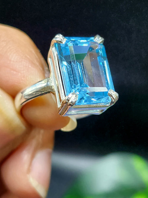 Blue Topaz Faceted Stone Double Barrel Ring in 925 Silver : Radiant Elegance | Mothers day gift | Crystal Jewelry | Gemstone Finger ring