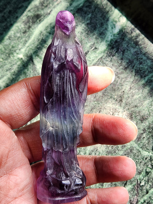 Mother Mary beautiful carving in Multi Fluorite - The Reverence and Rarity for Spiritual Connection and Home Sanctuaries