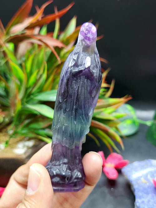 Mother Mary beautiful carving in Multi Fluorite - The Reverence and Rarity for Spiritual Connection and Home Sanctuaries