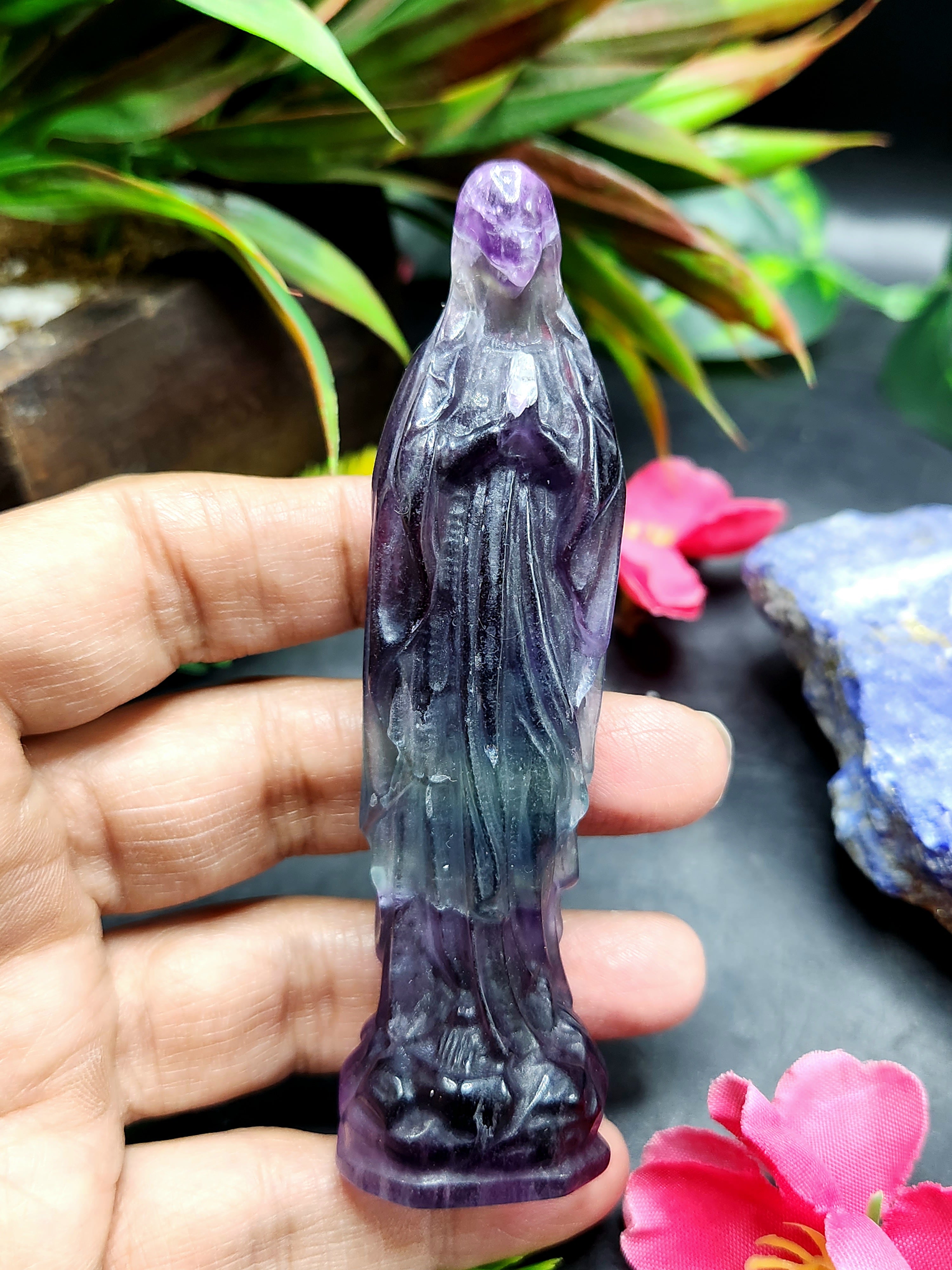 Mother Mary beautiful carving in Multi Fluorite - The Reverence and Ra