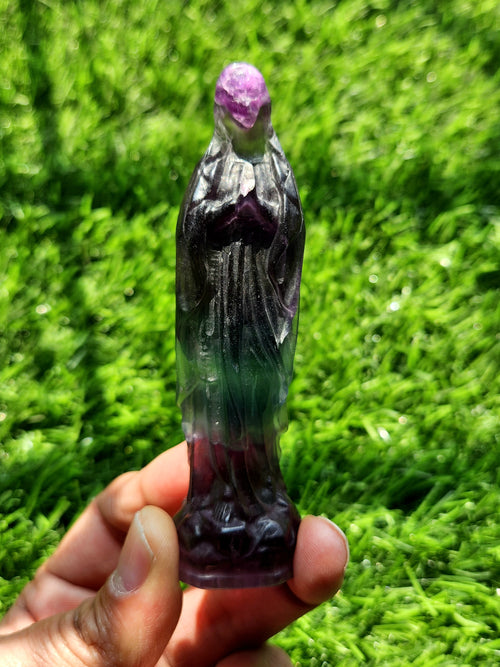 Mother Mary beautiful carving in Multi Fluorite - The Reverence and Rarity for Spiritual Connection and Home Sanctuaries