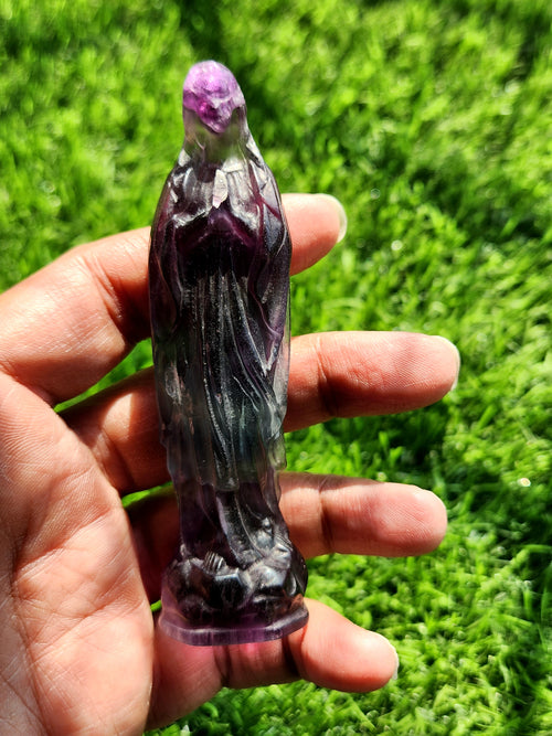 Mother Mary beautiful carving in Multi Fluorite - The Reverence and Rarity for Spiritual Connection and Home Sanctuaries