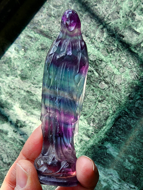 Mother Mary carving in Multi Fluorite - A Radiant Fusion of Faith and Healing