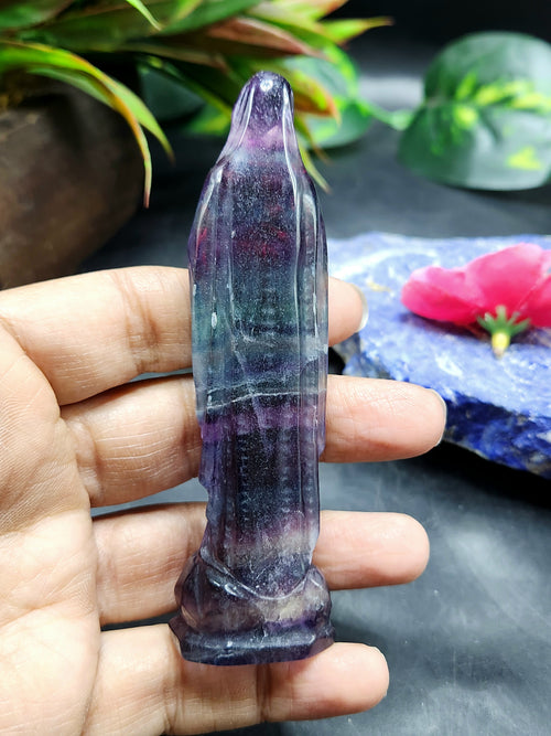 Mother Mary carving in Multi Fluorite - A Radiant Fusion of Faith and Healing