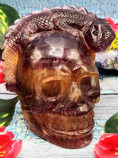 Candy Purple Fluorite Skull with Chameleon Head - Harmonizing Energies & Enhancing Spaces for Well-Being
