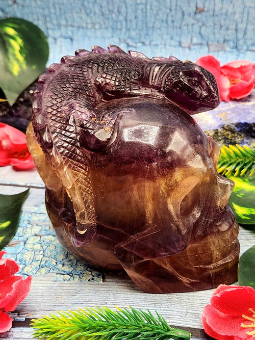 Candy Purple Fluorite Skull with Chameleon Head - Harmonizing Energies & Enhancing Spaces for Well-Being