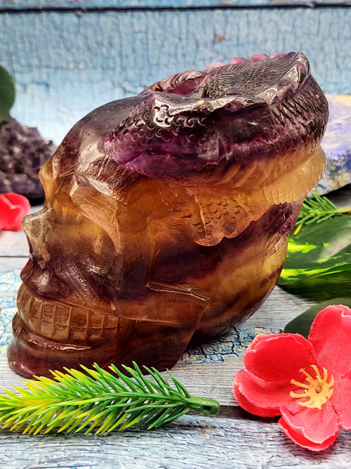 Candy Purple Fluorite Skull with Chameleon Head - Harmonizing Energies & Enhancing Spaces for Well-Being