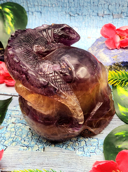 Candy Purple Fluorite Skull with Chameleon Head - Harmonizing Energies & Enhancing Spaces for Well-Being