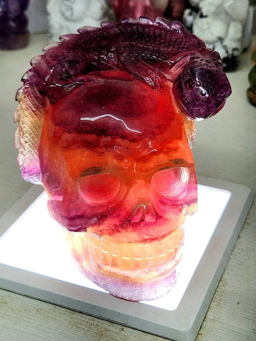 Candy Purple Fluorite Skull with Chameleon Head - Harmonizing Energies & Enhancing Spaces for Well-Being
