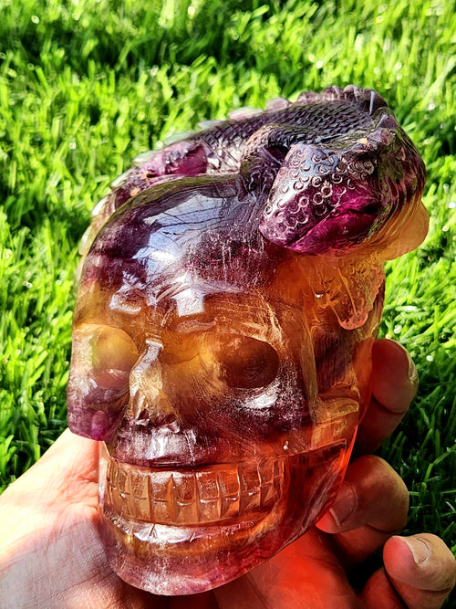 Candy Purple Fluorite Skull with Chameleon Head - Harmonizing Energies & Enhancing Spaces for Well-Being