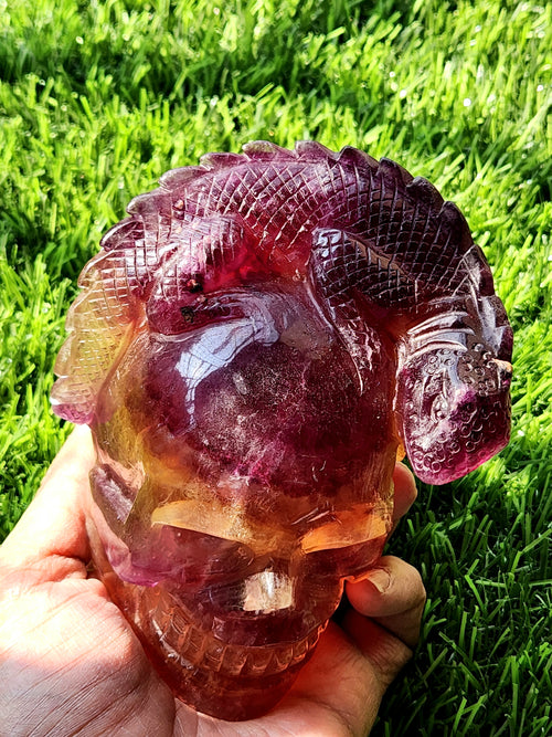 Candy Purple Fluorite Skull with Chameleon Head - Harmonizing Energies & Enhancing Spaces for Well-Being