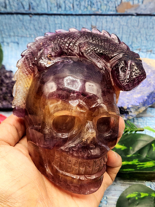Candy Purple Fluorite Skull with Chameleon Head - Harmonizing Energies & Enhancing Spaces for Well-Being