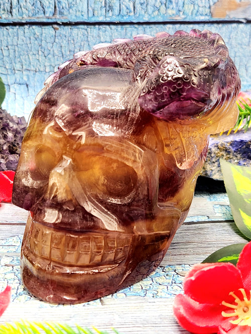 Candy Purple Fluorite Skull with Chameleon Head - Harmonizing Energies & Enhancing Spaces for Well-Being