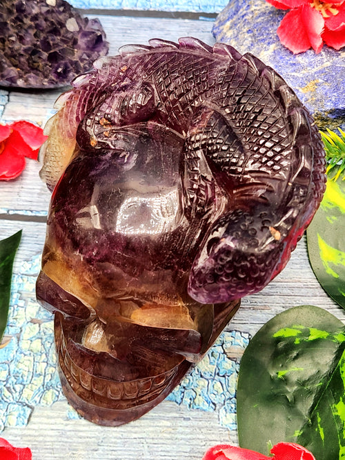 Candy Purple Fluorite Skull with Chameleon Head - Harmonizing Energies & Enhancing Spaces for Well-Being
