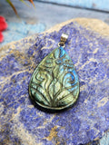 Labradorite Floral Carving Oval Pendant - Nature's Elegance and Mystical Charm