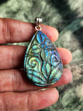 Labradorite Floral Carving Oval Pendant - Nature's Elegance and Mystical Charm