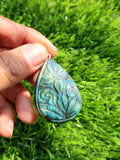 Labradorite Floral Carving Oval Pendant - Nature's Elegance and Mystical Charm