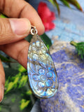 Labradorite Floral Carving Pendant - Nature's Mystique in 925 Silver