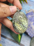 Labradorite Floral Carving Pendant with 925 Silver Loop - A Fusion of Nature's Beauty & Enchanting Harmony